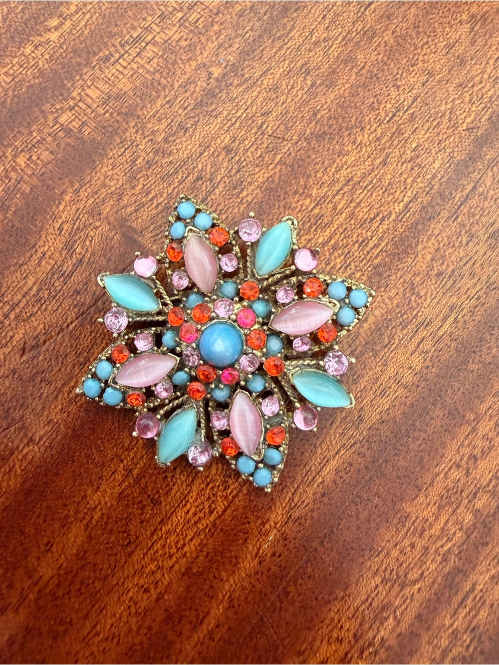 Vtg Large Pink Blue Rhinestone Floral Starburst Brooch Gold Tone Statement Pin